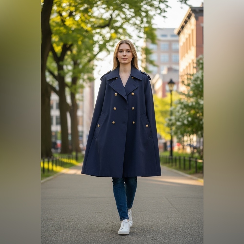 Elegant Navy Double-Breasted Women's Cape - Statement Piece - Size M